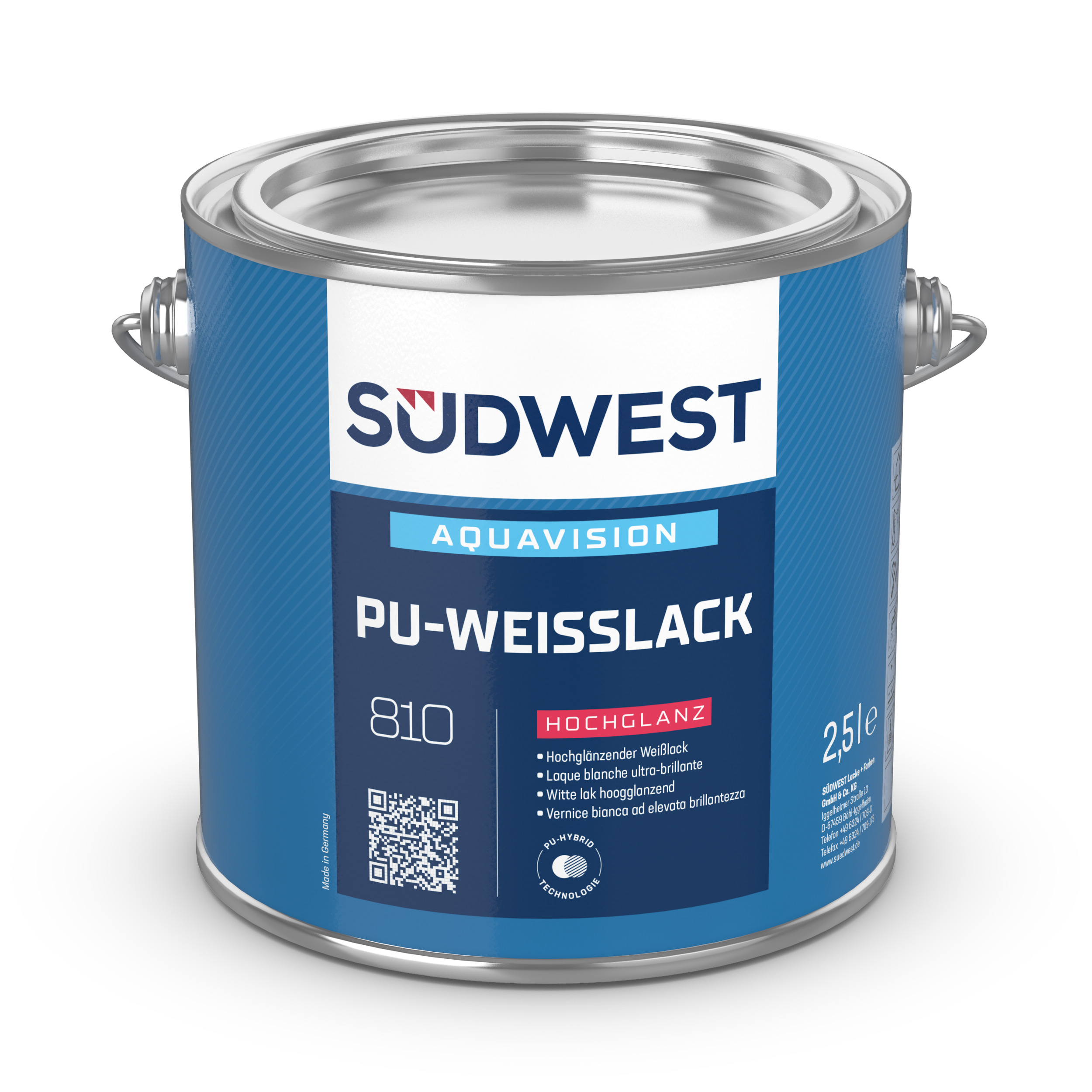 Südwest AquaVision PU-Weißlack Hochglanz, 9110 Weiß, 750 ml