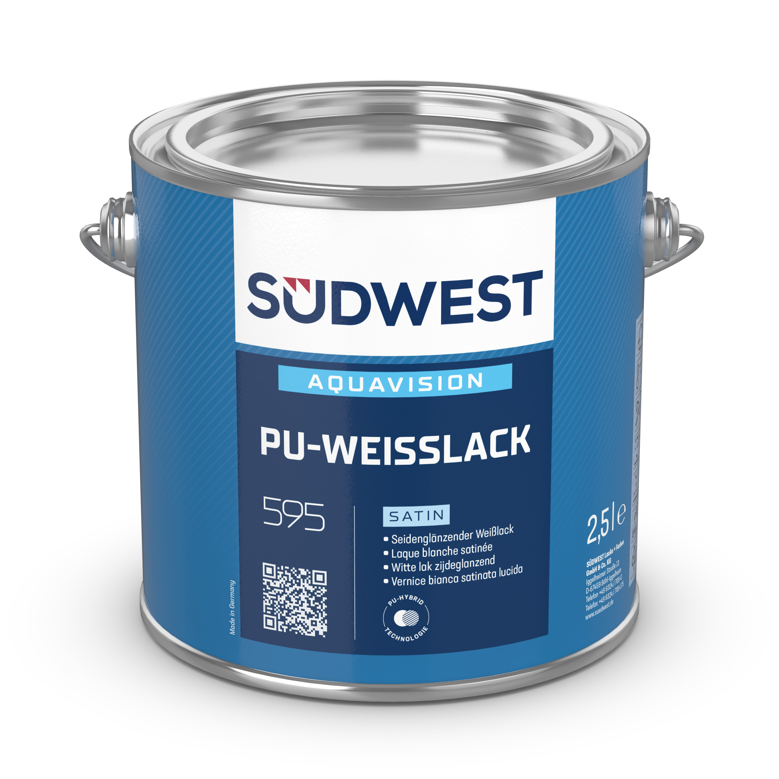 Südwest AquaVision PU-Weißlack Satin, 9110 Weiß, 375 ml